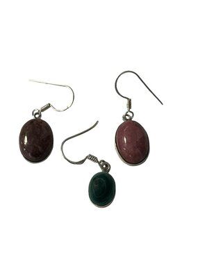 Stone Cabochon Drop Earrings Mixed Colors Red Green Brown Silver Tone